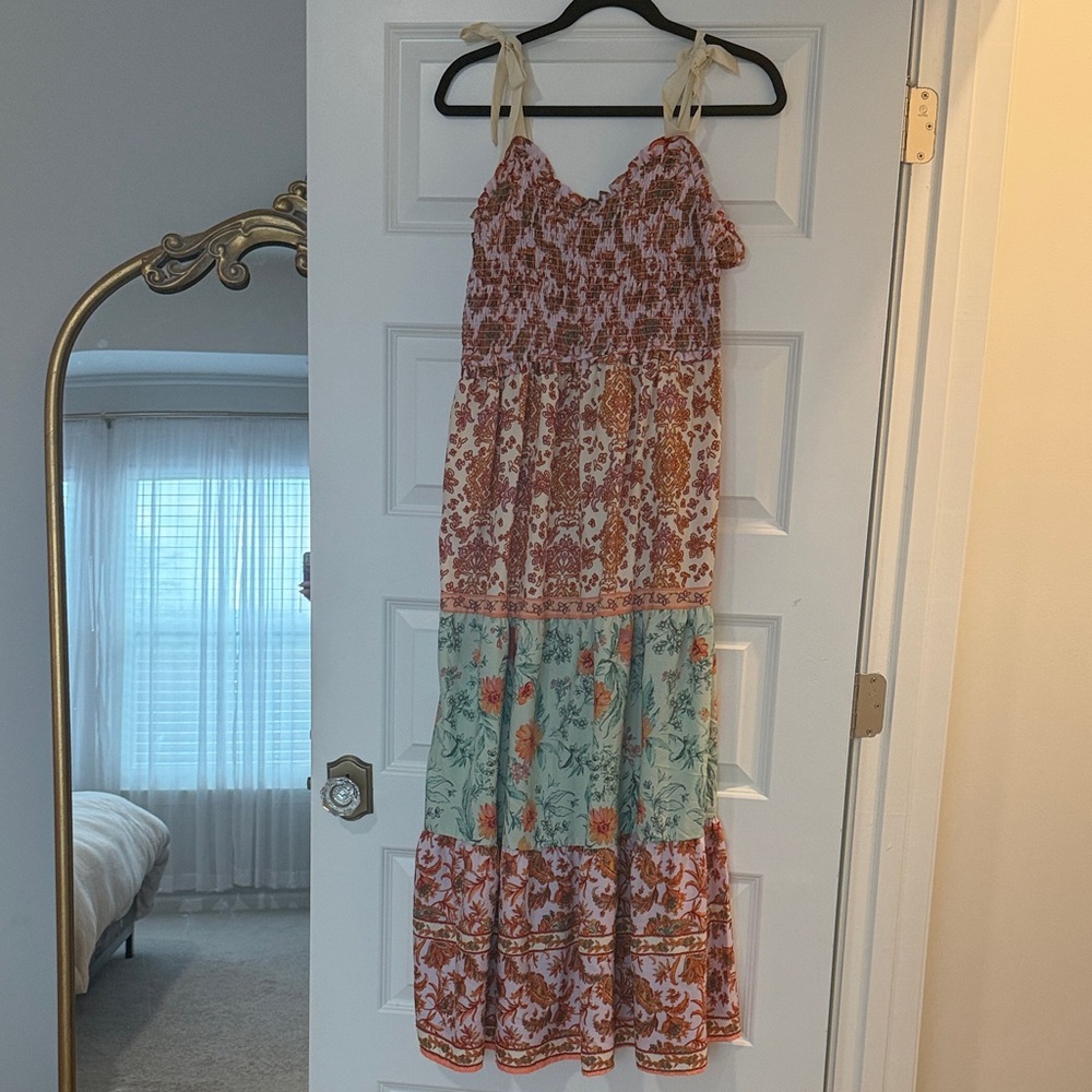 Tiered Floral Maxi Dress with Faux Tie Straps in Coral and Mint Large